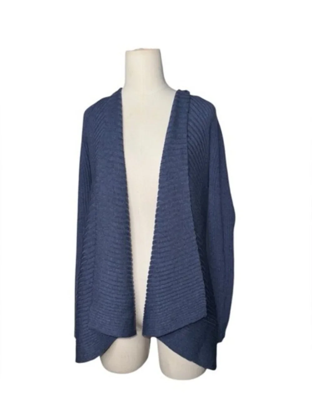 Eileen Fisher Merino Wool Open Front Cardigan Soft Ribbed Knit Blue Draped PM - Picture 5 of 5
